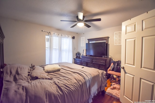 bedroom with ceiling fan and dark hardwood / wood-style flooring