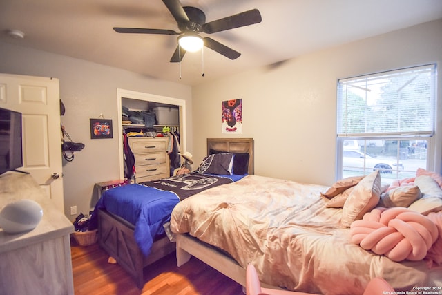 bedroom featuring hardwood / wood-style flooring, a closet, and ceiling fan