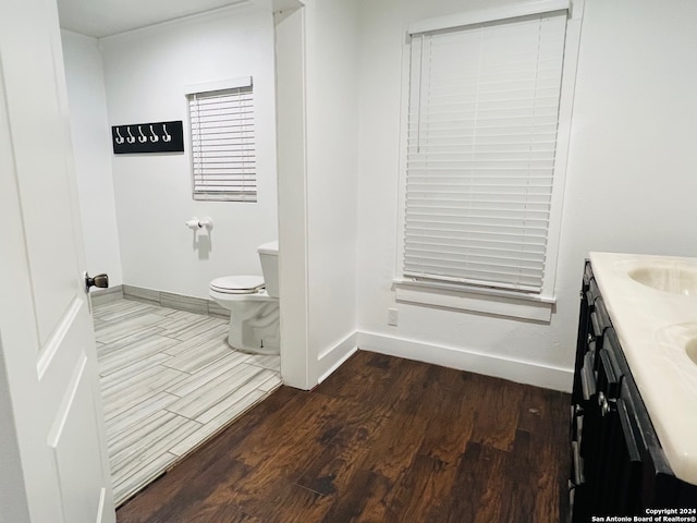 bathroom featuring double vanity, toilet, wood finished floors, and baseboards