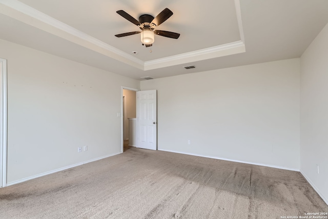 spare room featuring carpet floors, a raised ceiling, and ceiling fan