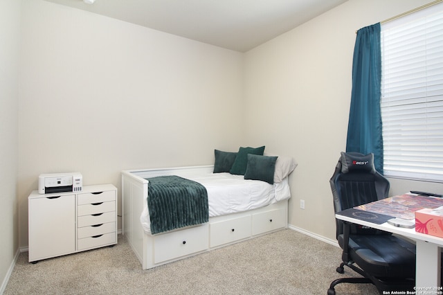 bedroom with light colored carpet