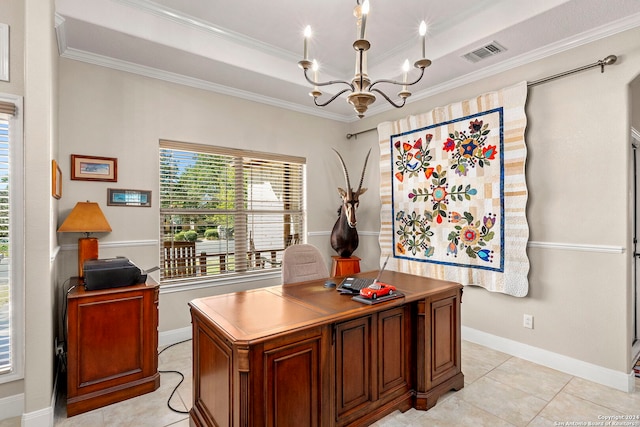 tiled office space with ornamental molding and a chandelier