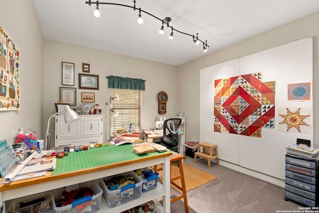 carpeted office space featuring rail lighting