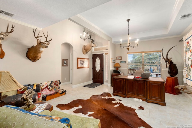 interior space with a chandelier, crown molding, a textured ceiling, and light tile patterned floors