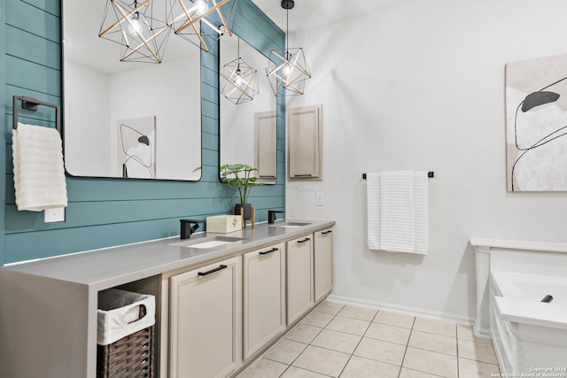 bathroom featuring vanity, shower with separate bathtub, and tile patterned flooring