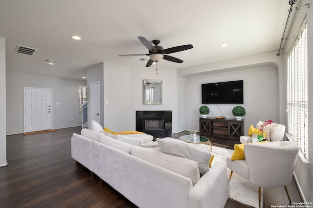 6720 Marble Lk, Live Oak, TX 78233 - living area with a fireplace, dark wood-style floors, recessed lighting, a ceiling fan, and baseboards