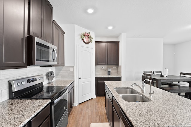 kitchen with decorative backsplash, stainless steel appliances, sink, and light wood-type flooring