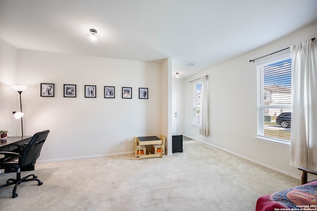 home office with light carpet