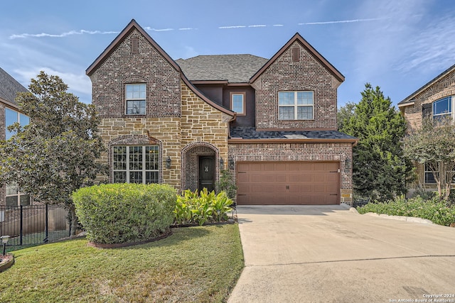 view of front facade with a front yard and a garage