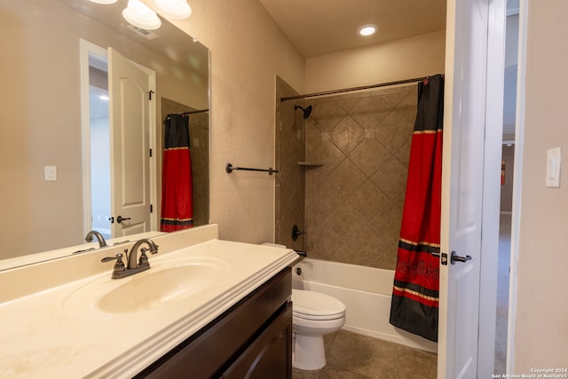 full bathroom featuring vanity, toilet, tile patterned floors, and shower / bath combination with curtain