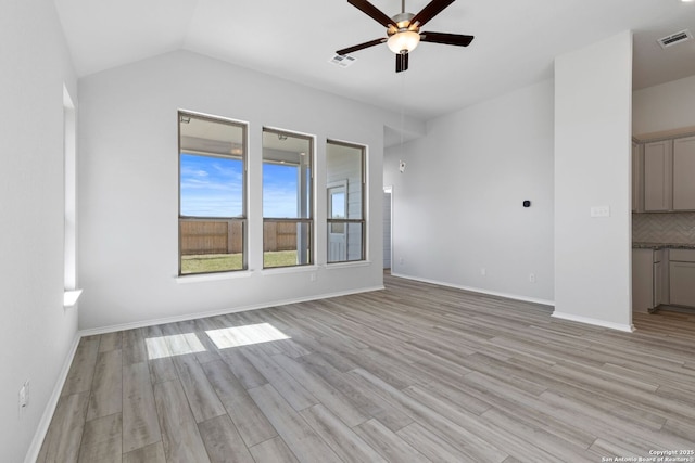 unfurnished living room featuring visible vents, ceiling fan, light wood-style flooring, and baseboards
