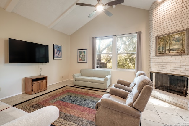 tiled living room featuring a brick fireplace, beamed ceiling, high vaulted ceiling, and ceiling fan