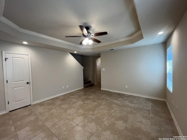 6614 Mia Way, San Antonio, TX 78233 - spare room with a raised ceiling, a ceiling fan, crown molding, stairway, and recessed lighting