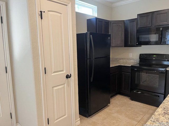 6614 Mia Way, San Antonio, TX 78233 - kitchen featuring black appliances, ornamental molding, light tile patterned floors, and light stone countertops