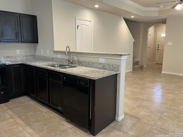 6614 Mia Way, San Antonio, TX 78233 - kitchen featuring dishwasher, a sink, ornamental molding, a peninsula, and light stone counters