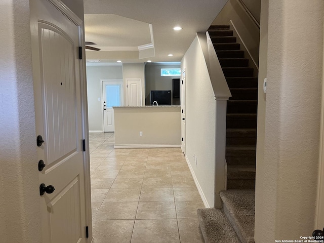 6614 Mia Way, San Antonio, TX 78233 - staircase featuring a raised ceiling, ornamental molding, tile patterned floors, recessed lighting, and ceiling fan