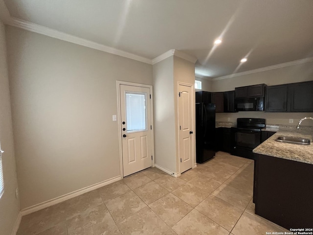 6614 Mia Way, San Antonio, TX 78233 - kitchen featuring a sink, black appliances, ornamental molding, dark cabinetry, and baseboards