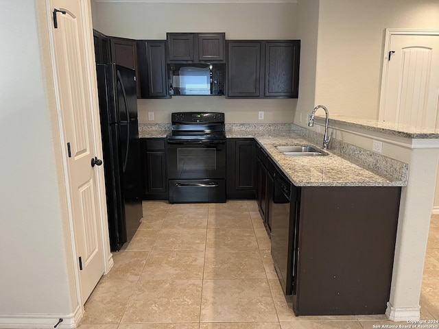 6614 Mia Way, San Antonio, TX 78233 - kitchen featuring black appliances, a sink, light stone counters, a peninsula, and light tile patterned flooring