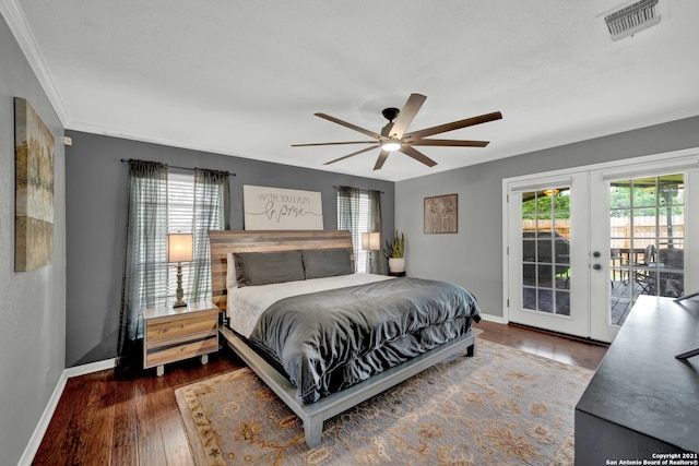 bedroom with french doors, dark hardwood / wood-style floors, access to outside, ornamental molding, and ceiling fan