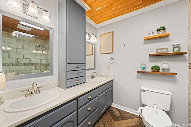 bathroom with an enclosed shower, toilet, wooden ceiling, vanity, and crown molding