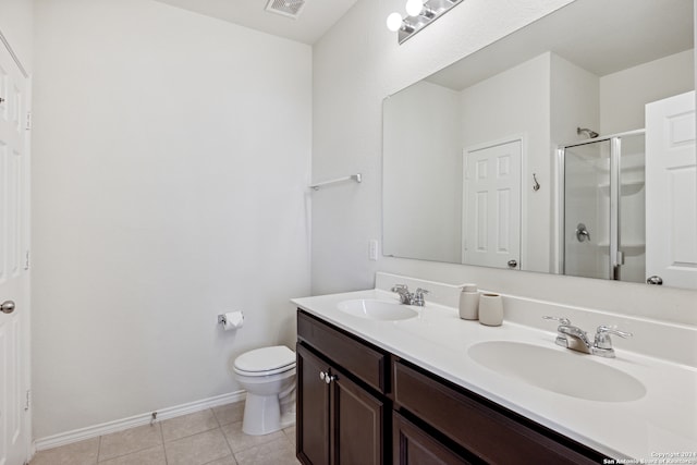 bathroom with vanity, toilet, a shower with shower door, and tile patterned flooring