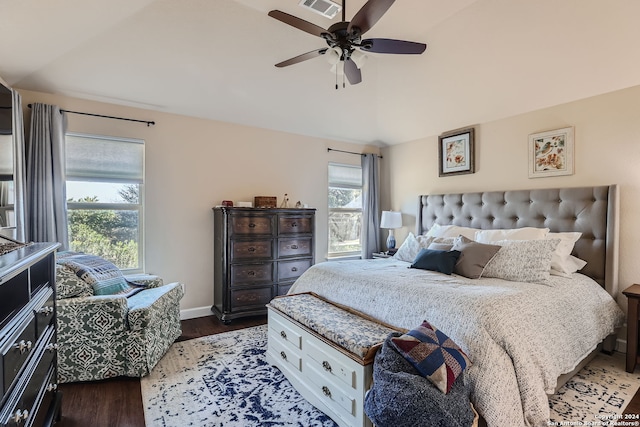 bedroom with dark wood-type flooring and ceiling fan