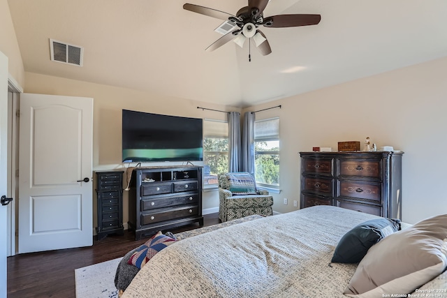 bedroom featuring dark wood-type flooring and ceiling fan