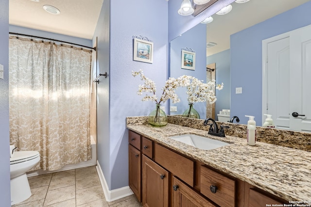 full bathroom featuring vanity, shower / bath combination with curtain, toilet, and tile patterned flooring