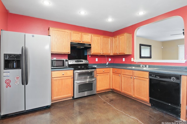 kitchen with range hood, appliances with stainless steel finishes, and sink