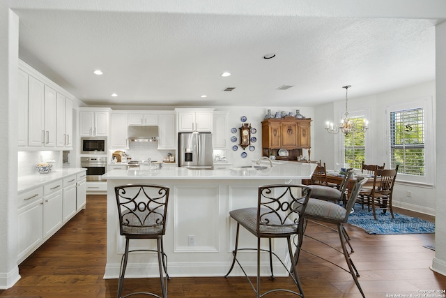 kitchen with white cabinetry, stainless steel appliances, dark hardwood / wood-style floors, and a kitchen island with sink