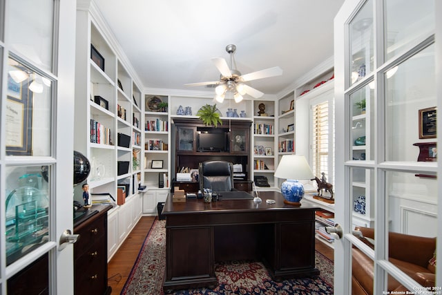 office area with french doors, crown molding, dark hardwood / wood-style flooring, and ceiling fan