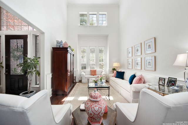 living room featuring a towering ceiling, crown molding, light wood-type flooring, and a wealth of natural light