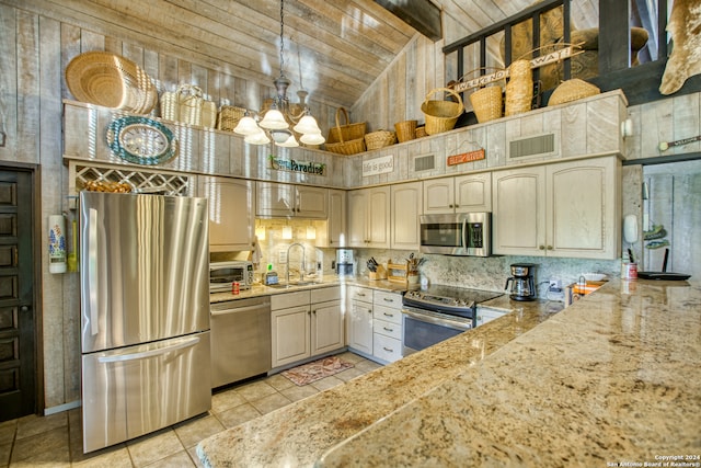 kitchen with sink, hanging light fixtures, stainless steel appliances, wooden ceiling, and vaulted ceiling