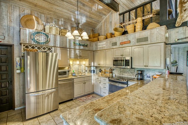 kitchen with lofted ceiling, wooden ceiling, sink, pendant lighting, and stainless steel appliances