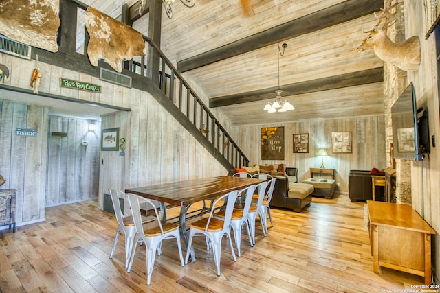 dining area with wood ceiling, hardwood / wood-style flooring, beam ceiling, wooden walls, and a chandelier