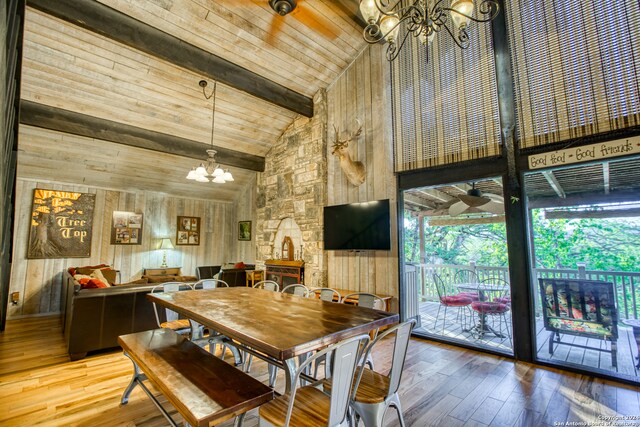 dining area featuring wood walls, beam ceiling, high vaulted ceiling, and wood-type flooring