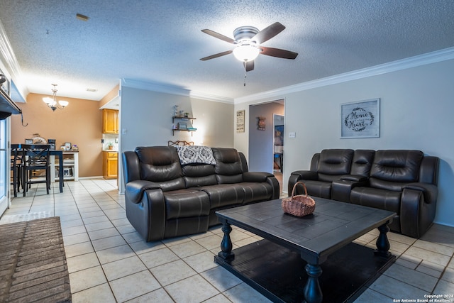 living room with crown molding, a textured ceiling, light tile patterned floors, and ceiling fan with notable chandelier