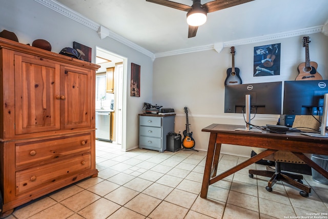 office with ceiling fan, ornamental molding, and light tile patterned floors