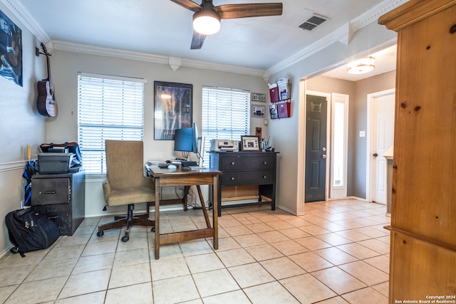 office space featuring ceiling fan, crown molding, a wealth of natural light, and light tile patterned floors