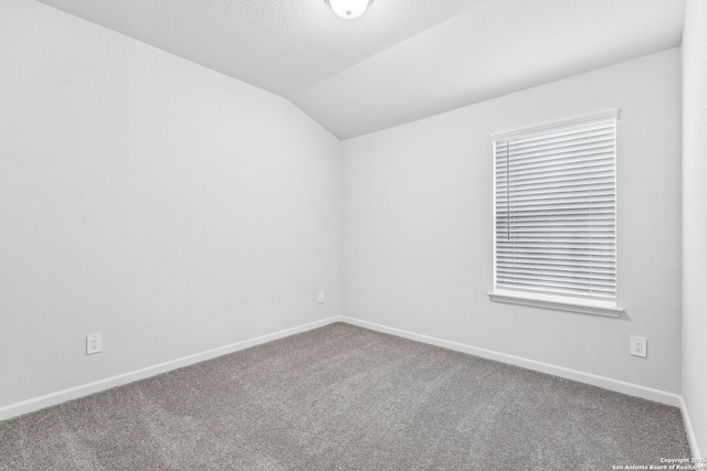 carpeted spare room with lofted ceiling and a textured ceiling