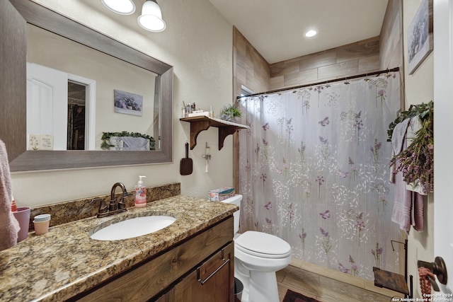 bathroom featuring vanity, toilet, and curtained shower