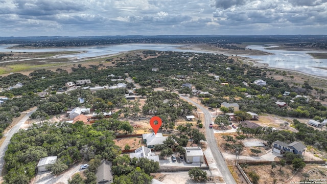 drone / aerial view with a water view