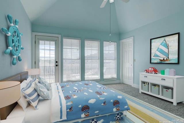 282 Hill Top, Lakehills, TX 78063 - bedroom with vaulted ceiling, carpet flooring, access to exterior, and a ceiling fan