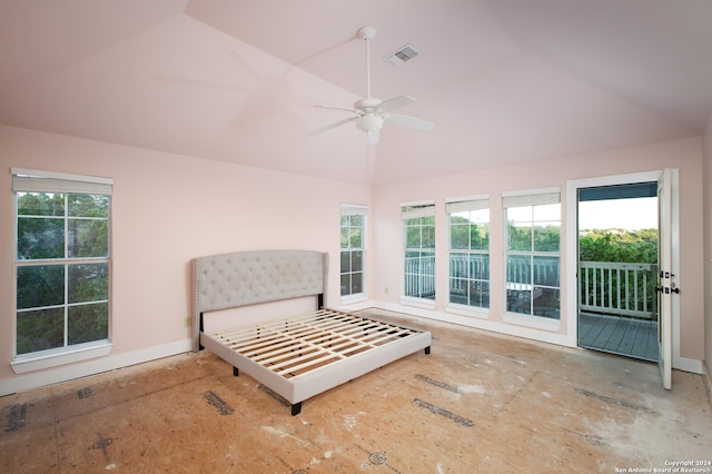 bedroom featuring vaulted ceiling, ceiling fan, and access to exterior