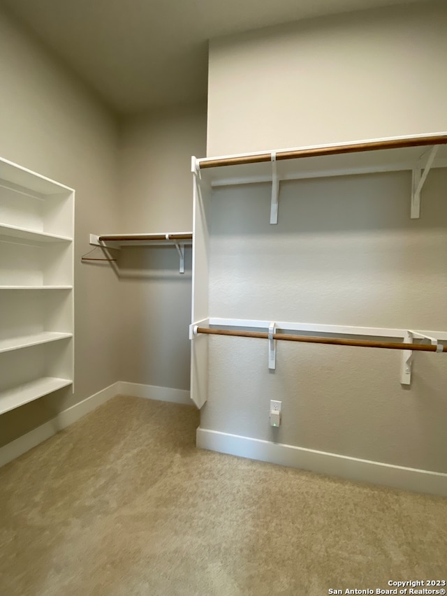 walk in closet featuring light carpet