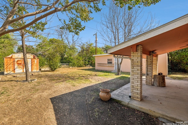 view of yard with a patio area and a shed