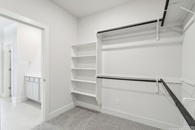 spacious closet featuring light colored carpet