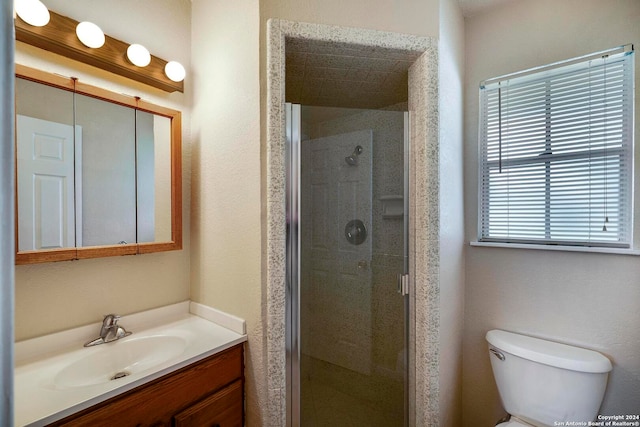 bathroom with toilet, a shower with shower door, a healthy amount of sunlight, and vanity