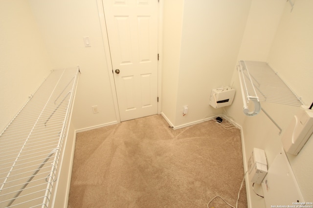 laundry area featuring light carpet