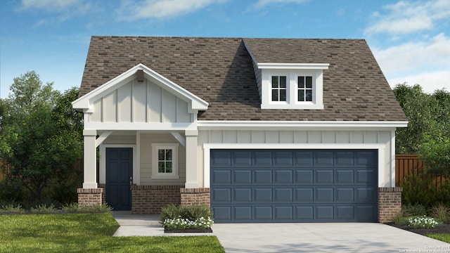 view of front of house with concrete driveway, roof with shingles, board and batten siding, and brick siding